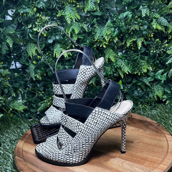 NINE WEST Heels‎ Women 9 Black White Snake Print Open Toe Sling back 2108 - Picture 3 of 13